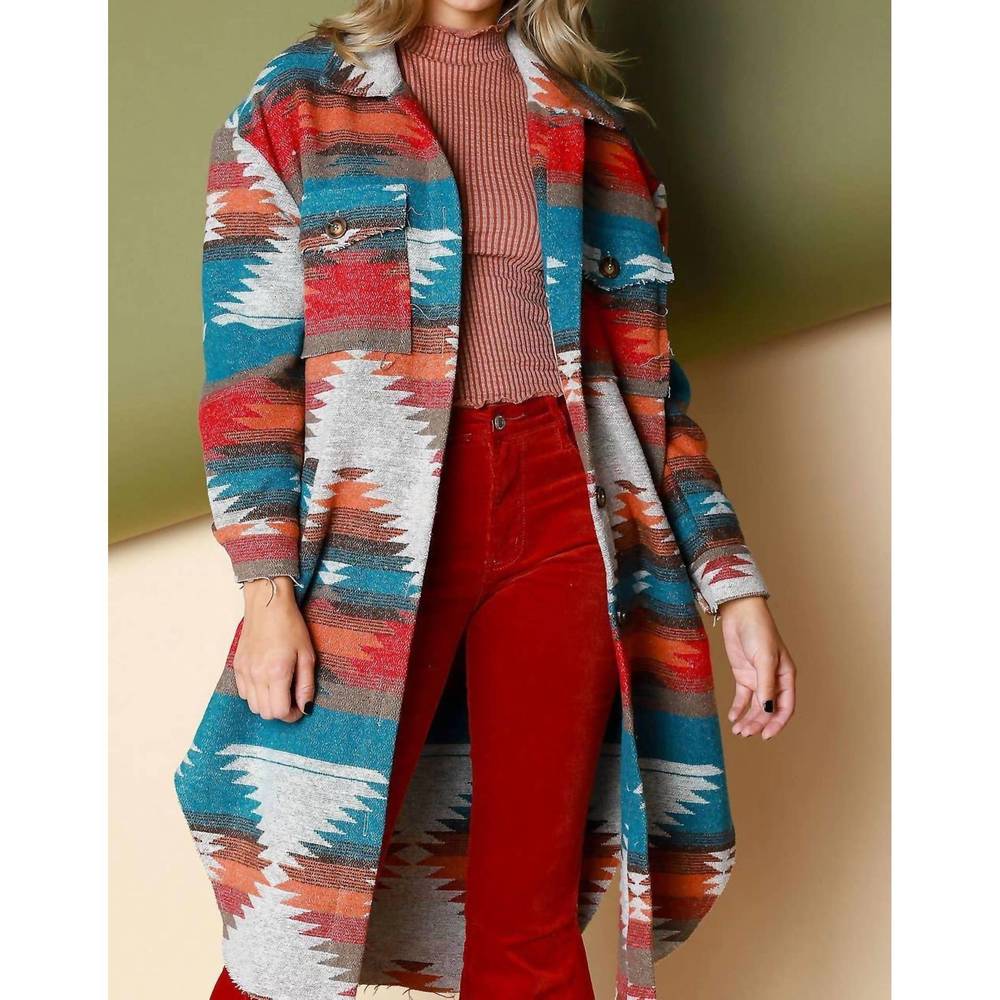NEW BESTTO aztec pattern long jacket in rust/ turquoise